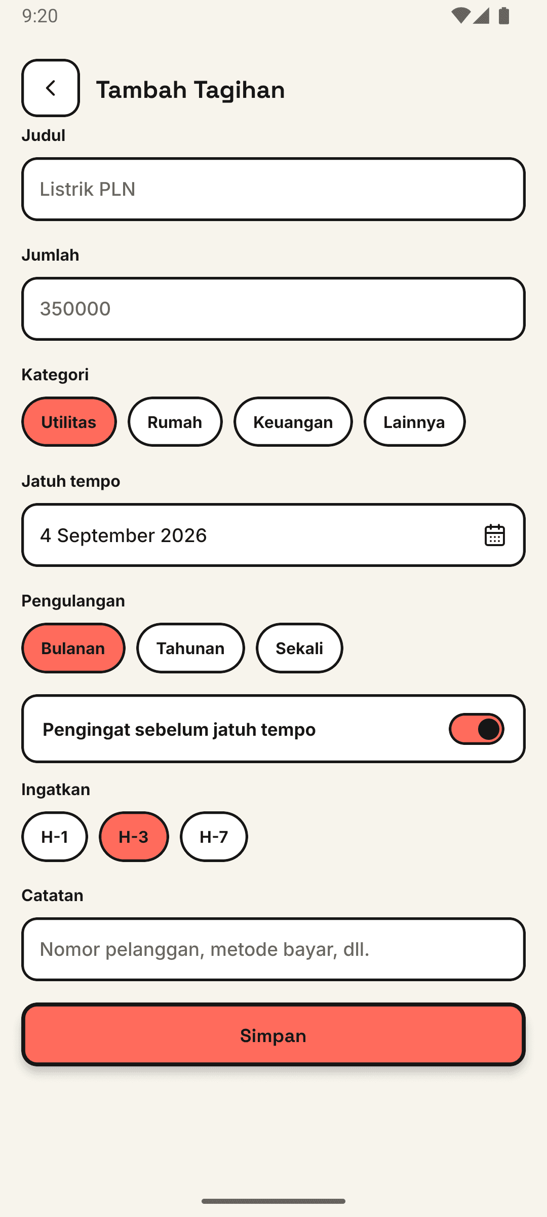 Tambah tagihan Keliva